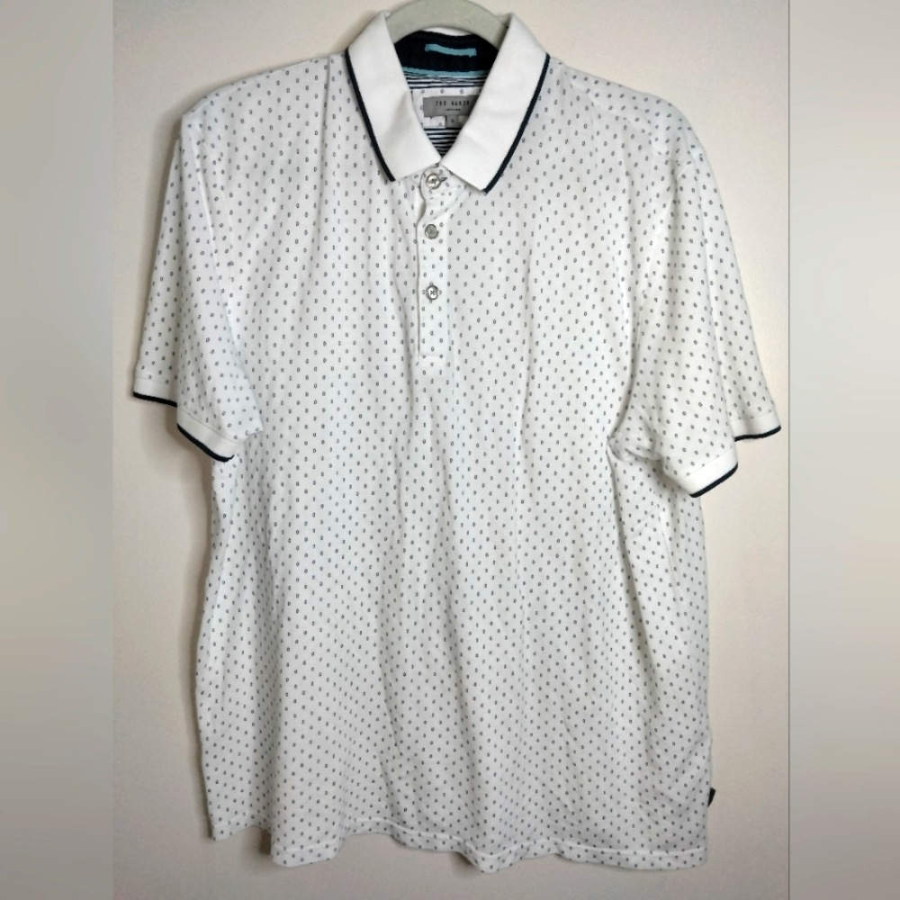 Ted Baker (Size 6) Men's White & Swiss Dot Pattern SS Button Collar Polo Shirt